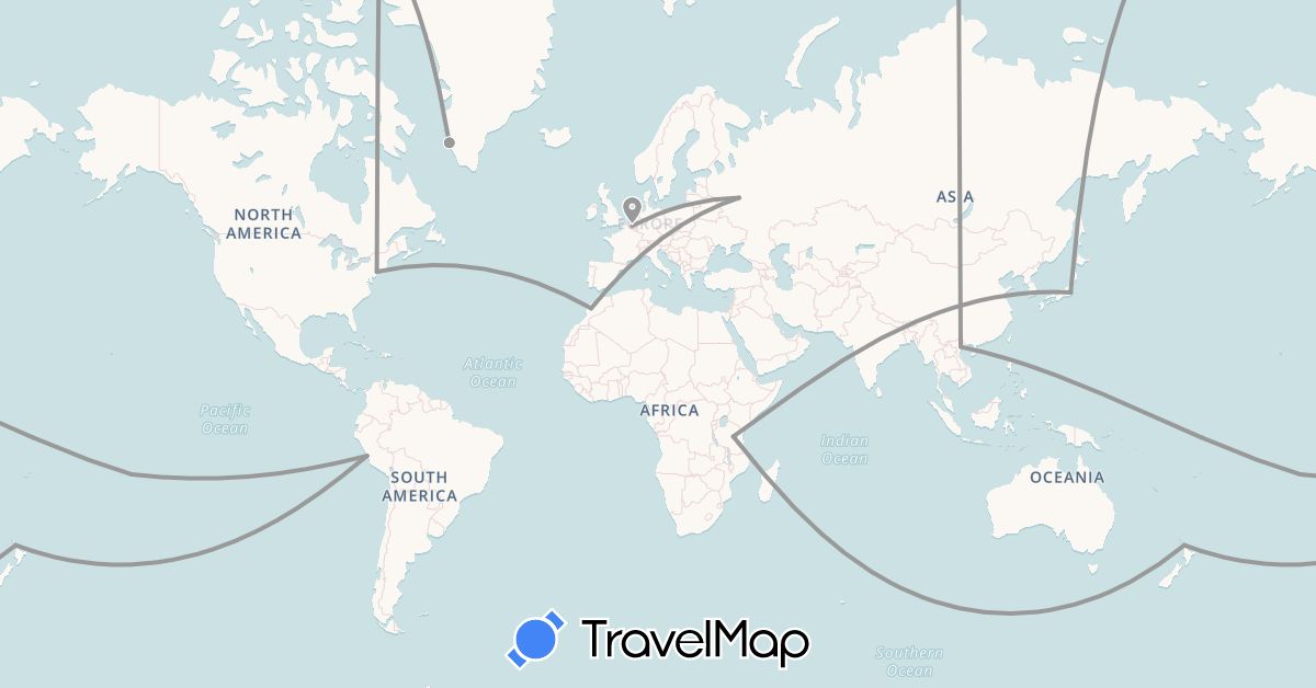 TravelMap itinerary: driving, plane in Belgium, Greenland, Japan, Morocco, New Zealand, Peru, French Polynesia, Russia, Tanzania, United States, Vietnam (Africa, Asia, Europe, North America, Oceania, South America)